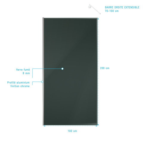 Pack paroi de douche 100x200cm verre fumé 8mm - barre de fixation extensible et profil chrome Aurlane - PACF444