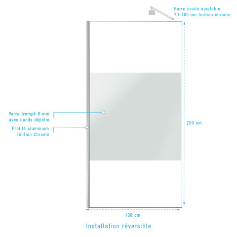 Pack paroi de douche dépolie 100x200cm + barre de fixation extensible - verre 8mm - finition chrome Aurlane - PACF449