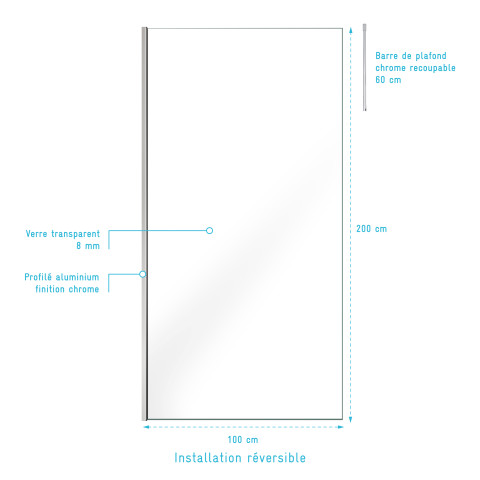 Paroi de douche 100x200cm verre transparent - profilé + barre plafond chrome - freedom 2 chromed