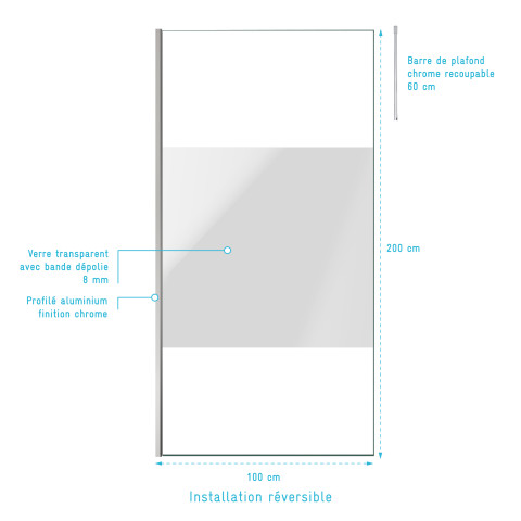 Paroi de douche 100x200cm dépolie - profilé + barre plafond finition chrome - freedom 2 frosted