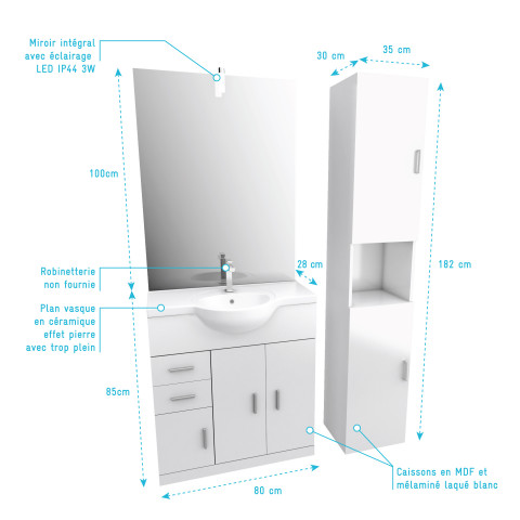 Ensemble de salle de bain blanc 80cm + vasque en céramique blanche + miroir led + colonne 2 portes