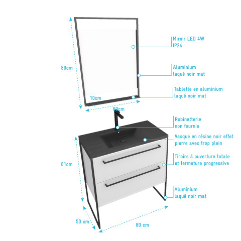 Pack meuble de salle de bain 80x50cm blanc - 2 tiroirs blanc - vasque résine noire effet pierre et miroir led noir mat - structura p017