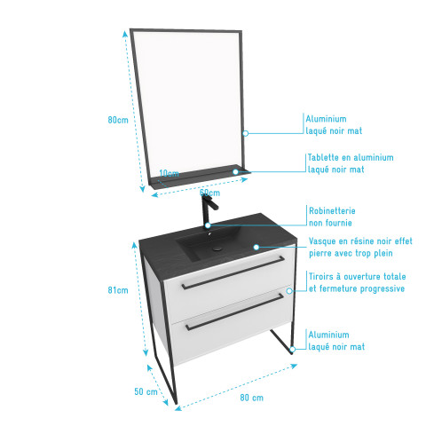 Pack meuble de salle de bain 80x50cm blanc - 2 tiroirs noir - vasque noir effet pierre et miroir noir mat - structura p018