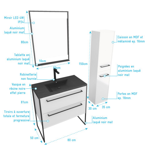 Pack meuble salle de bain + colonne - 80x50 -2 tiroirs noir - vasque noir et miroir led noir mat