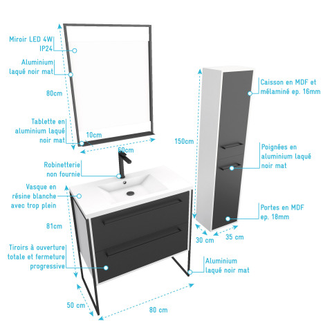 Pack meuble de salle de bain 80x50 noir - 2 tiroirs + vasque resine blanche + miroir + colonne