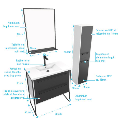 Pack meuble de salle de bain 80x50 cm noir - vasque résine blanche + miroir noir mat + colonne Aurlane - PACM025