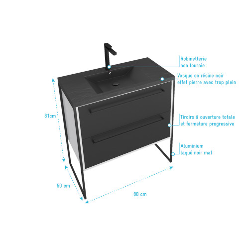 Meuble de salle de bain 80x50cm blanc - 2 tiroirs noir mat - vasque résine noire effet pierre - structura p027 Aurlane - PACM027