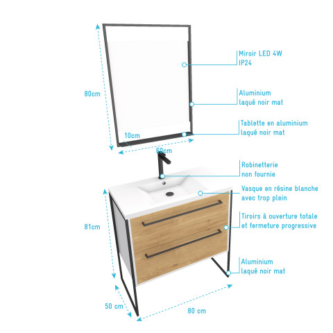 Pack meuble de salle de bain 80x50cm blanc - 2 tiroirs blanc - vasque blanche et miroir à led noir mat - structura p033