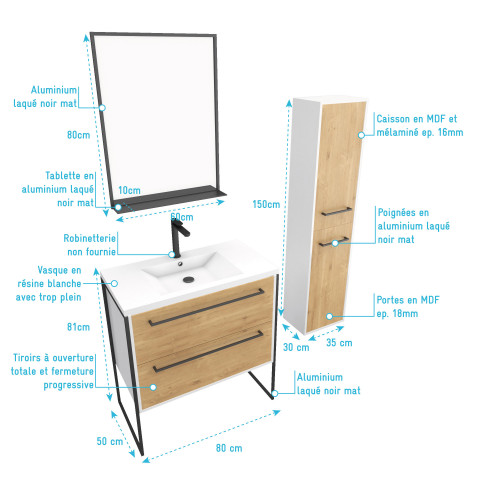 Pack meuble de salle de bain 80x50 cm - 2 tiroirs - vasque blanche + miroir noir mat + colonne Aurlane - PACM036