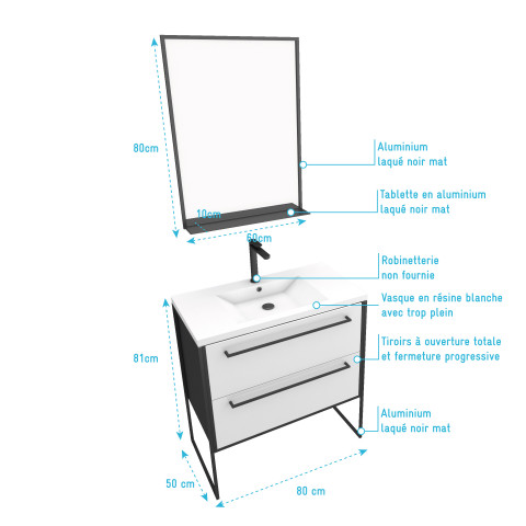 Pack meuble de salle de bain 80x50cm noir mat - 2 tiroirs blanc - vasque blanche et miroir noir mat - structura p045