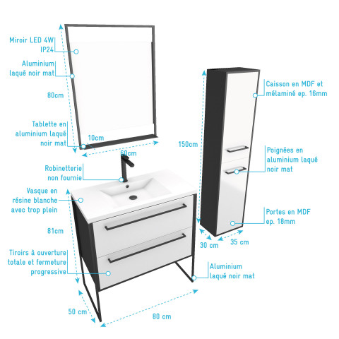 Ensemble de salle de bain blanc 80cm+ vasque résine blanche + tiroirs blanc mat + miroir + colonne Aurlane - PACM046