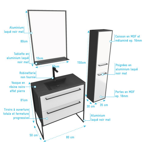 Pack meuble de salle de bain 80x50 cm - 2 tiroirs blanc - vasque noir - miroir - colonne suspendu Aurlane - PACM053