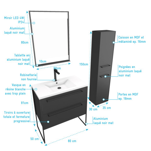 Meuble salle de bains 80 cm, vasque blanche, miroir led et colonne - noir - structura