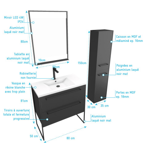 Meuble salle de bains 80 cm, vasque blanche, miroir led et colonne - noir - structura Aurlane - PACM057