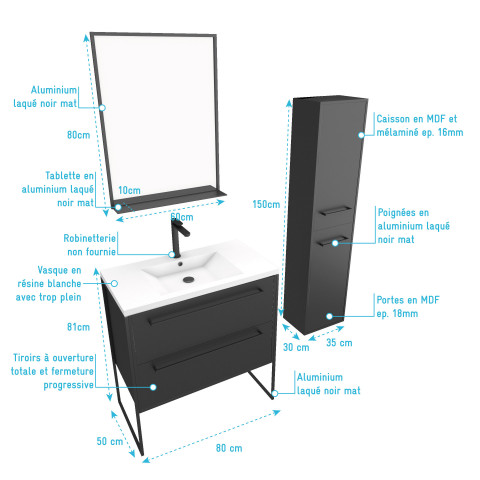 Pack meuble de salle de bain 80x50 cm blanc - 2 tiroirs - vasque blanche - miroir - colonne suspendu Aurlane - PACM058
