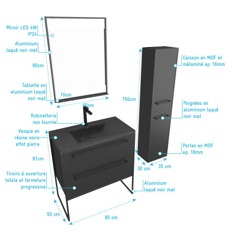 Meuble salle de bains 80 cm, vasque noire, miroir led et colonne - noir - structura