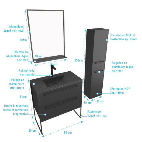 Pack meuble de salle de bain 80x50 cm noir - 2 tiroirs - vasque noire - miroir - colonne suspendu Aurlane - PACM064