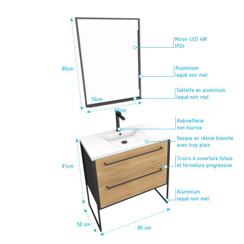 Meuble salle de bains 80 cm, vasque résine blanche, miroir led - finition chêne et noir - structura Aurlane - PACM066