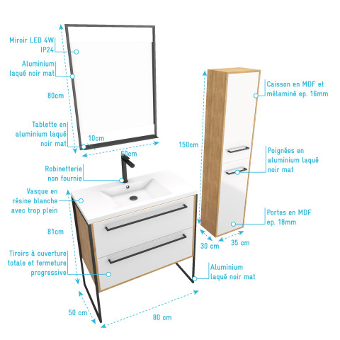 Ensemble de salle de bain 80cm + vasque blanche 80x50 + tiroir blanc mat + miroir +colonne Aurlane - PACM079