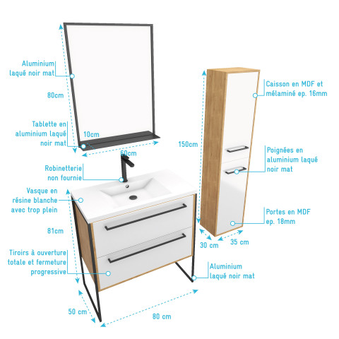 Ensemble de salle de bain 80cm + vasque blanche 80x50 + tiroir blanc mat + miroir + colonne Aurlane - PACM080