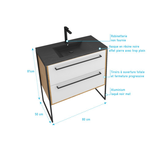 Meuble de salle de bain 80x50cm - vasque noir effet pierre 80x50cm - 2 tiroirs Aurlane - PACM082