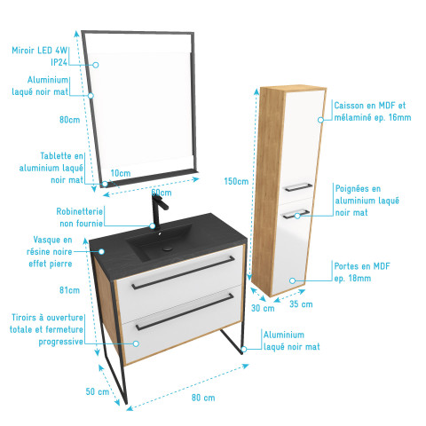 Meuble de salle de bain 80x50cm- vasque noir effet pierre 80x50cm - 2 tiroirs - colonne - miroir led Aurlane - PACM085