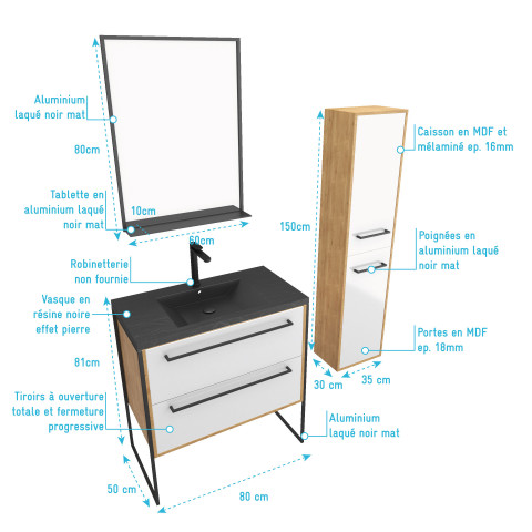 Meuble de salle de bain 80x50cm - vasque noir effet pierre 80x50cm - 2 tiroirs - colonne - miroir Aurlane - PACM086