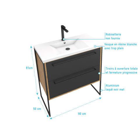 Meuble de salle de bain 80x50cm - vasque blanche 80x50cm - 2 tiroirs noir mat Aurlane - PACM087