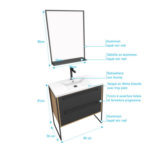 Meuble de salle de bain 80x50cm - vasque blanche 80x50cm - 2 tiroirs noir mat + miroir