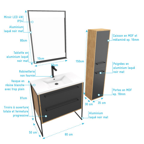 Meuble de salle de bain 80x50cm - vasque blanche 80x50cm -2 tiroirs noir mat + colonne + miroir led Aurlane - PACM090
