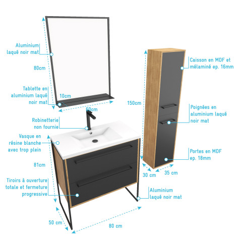 Meuble de salle de bain 80x50cm - vasque blanche 80x50cm -tiroirs noir mat + colonne + miroir Aurlane - PACM091