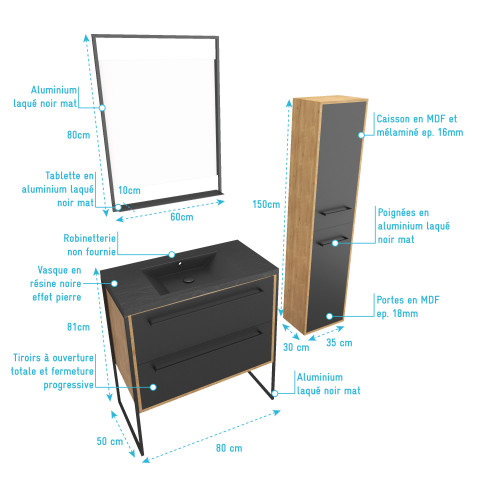 Meuble de salle de bain 80x50cm - vasque noir effet pierre -tiroirs noir mat + colonne + mirroir Aurlane - PACM097