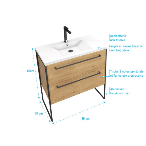 Meuble de salle de bain 80x50cm - vasque blanche 80x50cm - 2 tiroirs finition chêne naturel Aurlane - PACM098