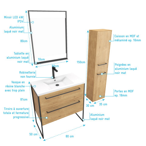 Meuble de salle de bain 80x50cm - vasque blanche - tiroirs finition chêne naturel + colonne + miroir Aurlane - PACM101