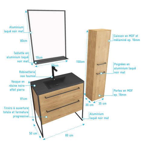 Pack meuble de salle de bain 80x50cm chene brun - 2 tiroirs chene brun - vasque resine noire Aurlane - PACM108