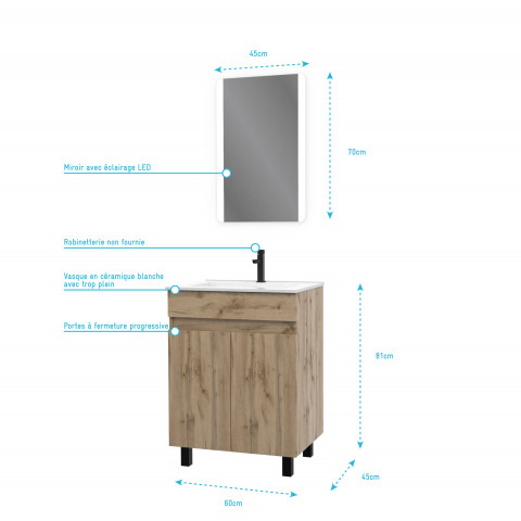 Meuble salle de bain 60x80 - finition chene naturel - vasque blanche + miroir led - timber 60 - pack04 Aurlane - PACM214