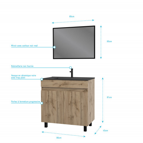 Meuble salle de bain 80x80 cm - finition chene naturel + vasque noire + miroir - timber 80 - pack05 Aurlane - PACM215