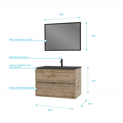 Meuble de salle de bain 80x54cm - finition chene naturel + vasque noire + miroir - timber 80 - pack11 Aurlane - PACM221