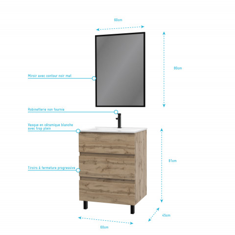 Meuble salle de bain 60 x 80 - finition chene naturel + vasque blanche + miroir - timber 60 - pack15 Aurlane - PACM225