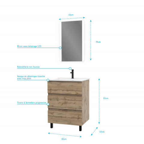 Meuble salle de bain 60x80 - finition chene naturel + vasque blanche + miroir led - timber 60 - pack16 Aurlane - PACM226