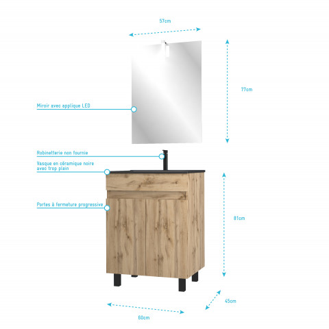 Meuble salle de bain 60x80 - finition chene naturel + vasque noire + miroir led - timber 60 - pack19 Aurlane - PACM229
