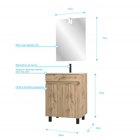 Meuble salle de bain 60x80 - finition chene naturel + vasque blanche + miroir led - timber 60 - pack21