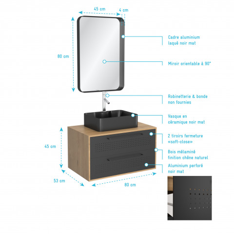 Pack meuble de salle de bain caisson 2 tiroirs + vasque rectangulaire + miroir - uby 80cm Aurlane - PACM266
