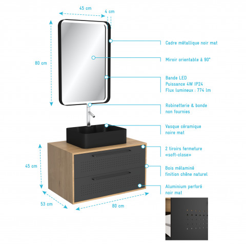 Pack meuble de salle de bain caisson 2 tiroirs + vasque rectangulaire + miroir led - uby 80cm Aurlane - PACM267