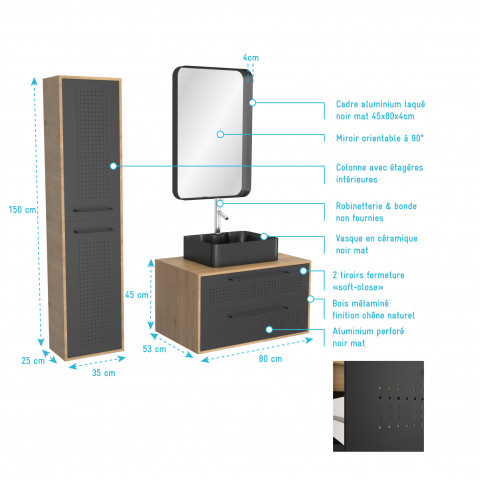 Pack meuble de salle de bain caisson 2 tiroirs + vasque rectangulaire + colonne + miroir uby 80cm Aurlane - PACM269