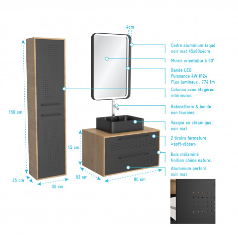 Pack meuble de salle de bain caisson 2 tiroirs + vasque rectangulaire + colonne + miroir led - uby 80cm Aurlane - PACM270