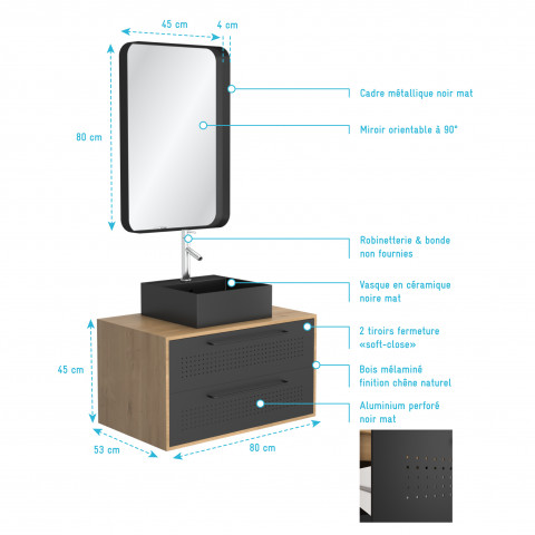 Pack meuble de salle de bain caisson 2 tiroirs + vasque carrée + miroir - uby 80cm Aurlane - PACM272