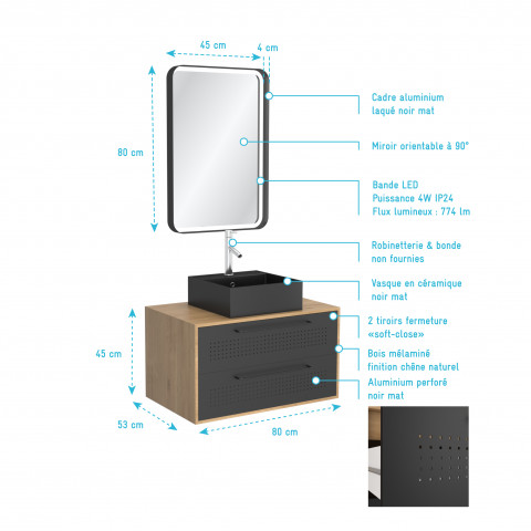 Pack meuble de salle de bain caisson 2 tiroirs + vasque carrée + miroir led - uby 80cm Aurlane - PACM273