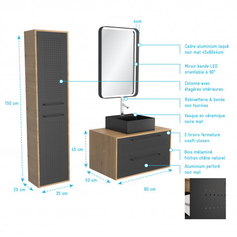 Pack meuble de salle de bain caisson 2 tiroirs + vasque carrée + colonne + miroir led - uby 80cm Aurlane - PACM276