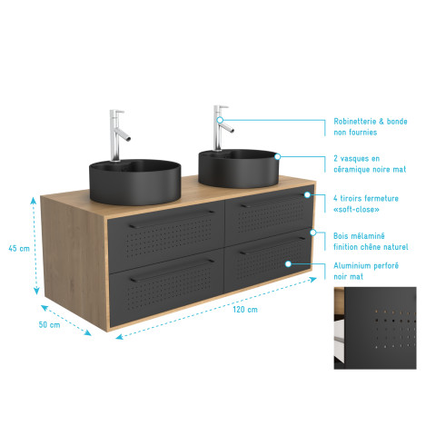 Meuble de salle de bains 120 cm - 2 vasques rondes - chêne naturel et noir mat - uby